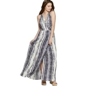 Knox Rose Small Blue Tie Dye Gauzy V Neck Faux Wrap Maxi Dress High Slit Cottage